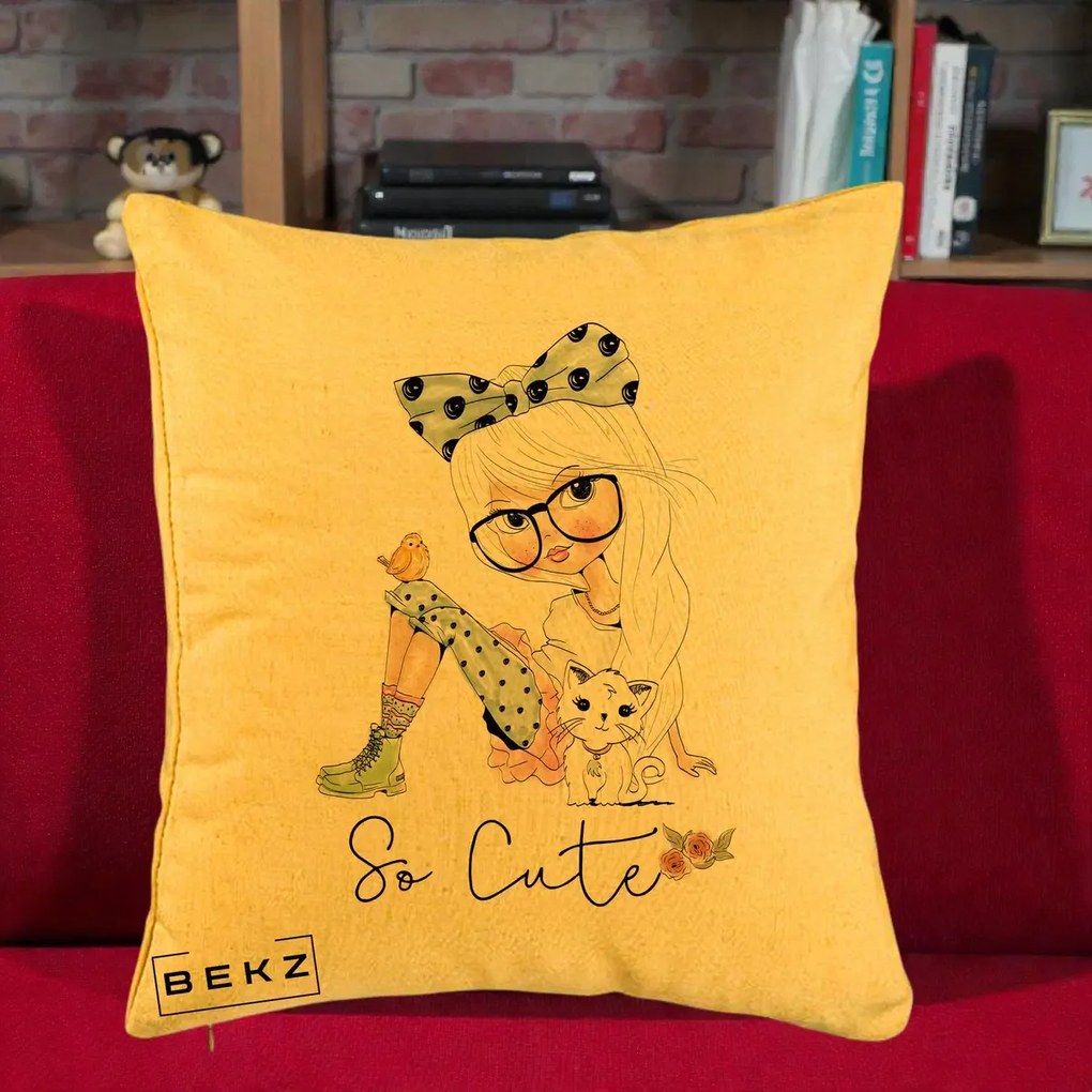 Perna Decorativa So Cute Fata Fashion, 40x40 cm, Galben, Husa Detasabila, Perna Inclusa, BEKZ®