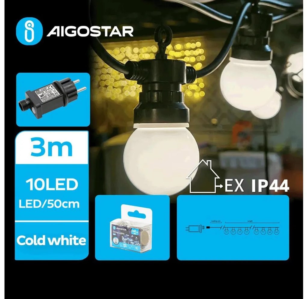 Aigostar - Ghirlandă LED decorativă pentru exterior, 10 LED, 3 m, IP44, alb rece