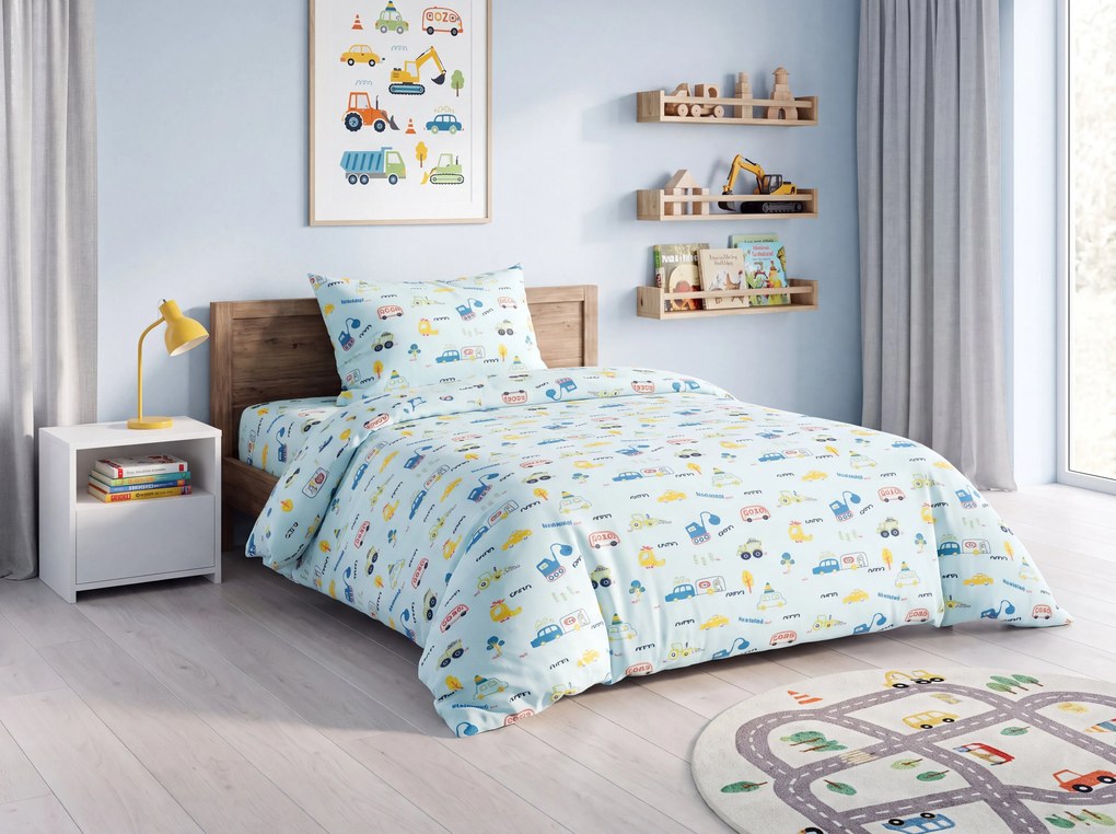 Lenjerie de pat pentru copii MINI TRUCKS TALES albastra, 100% bumbac Dimensiune lenjerie de pat: 70 x 80 cm | 140 x 200 cm