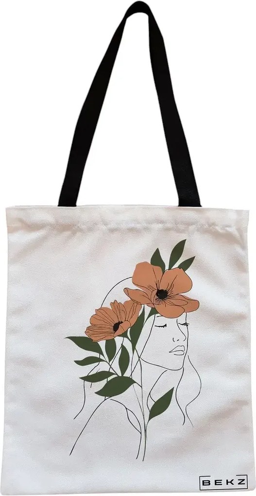 Sacosa de Panza pentru Cumparaturi, Geanta Tote, Flower Lady 18, Cu fermoar, 38x34.5 cm, Alba, BEKZ®