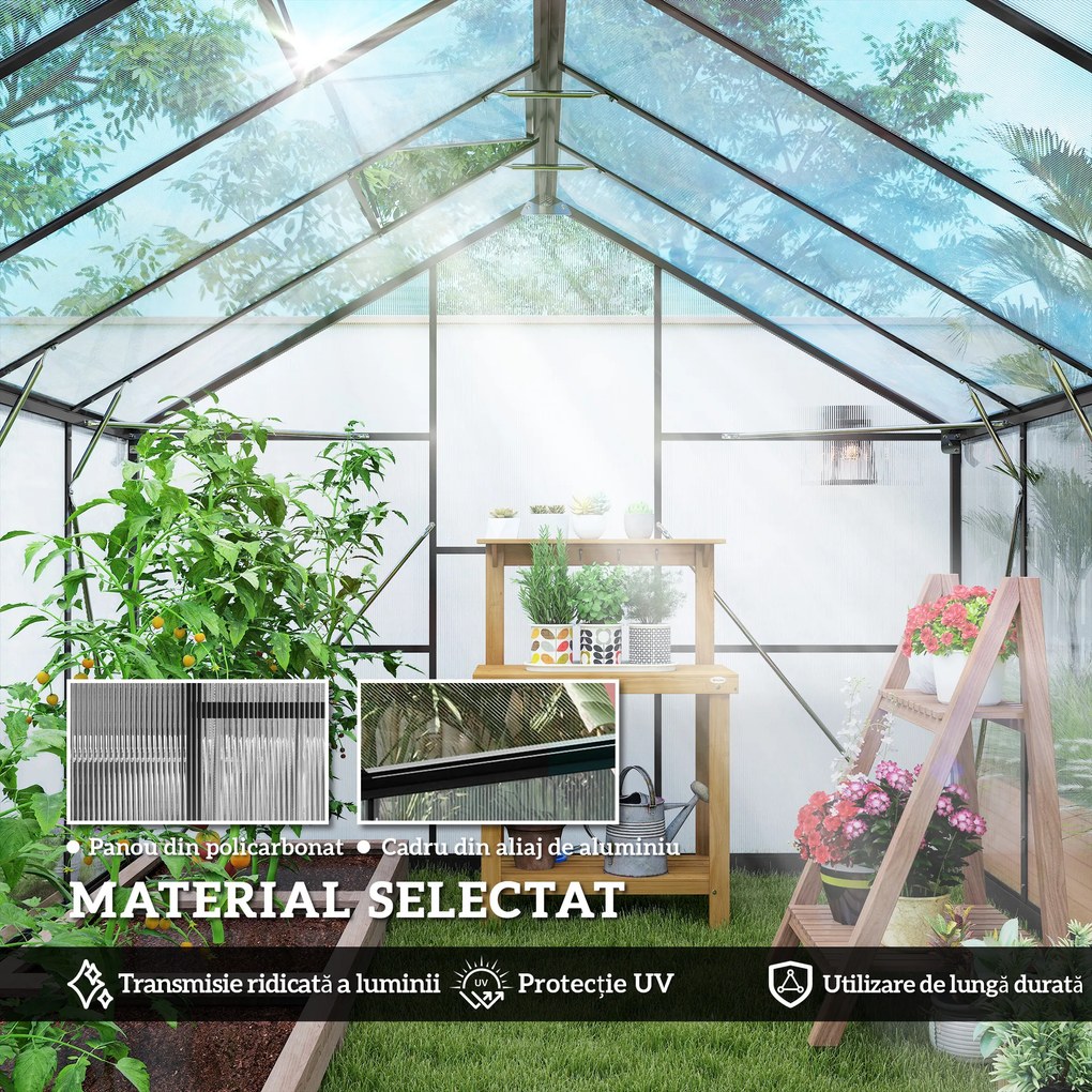 Seră de grădină Outsunny din aluminiu și policarbonat, 7,5㎡, cu ușă cu balamale, 2 ferestre reglabile, sistem de drenaj, anti-UV, 304x247x205cm, negru | Aosom Romania