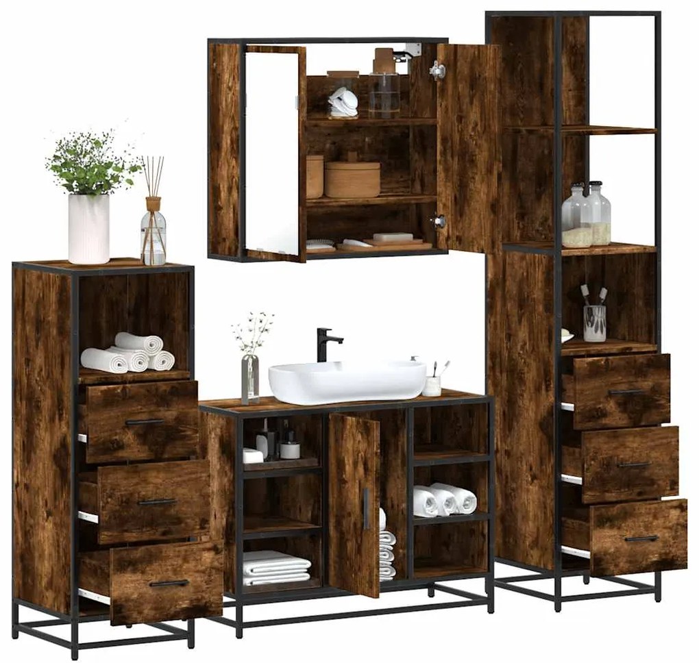 vidaXL Set de mobilier de baie 4 piese Lemn prelucrat de stejar afumat