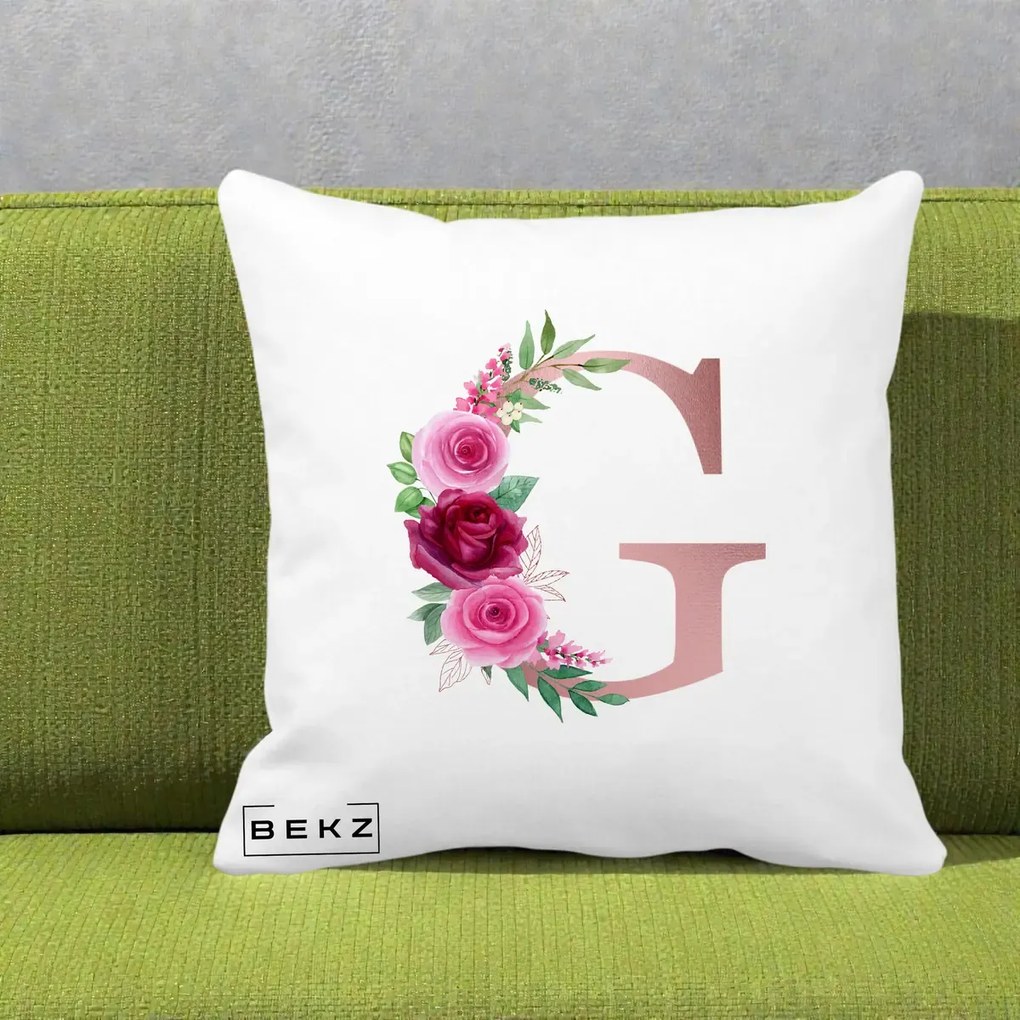 Cadou Personalizat - Perna Personalizata Monograma Rose Gold Litera G, 40x40 cm, Alba Mata, Husa Detasabila, Perna Inclusa, BEKZ®