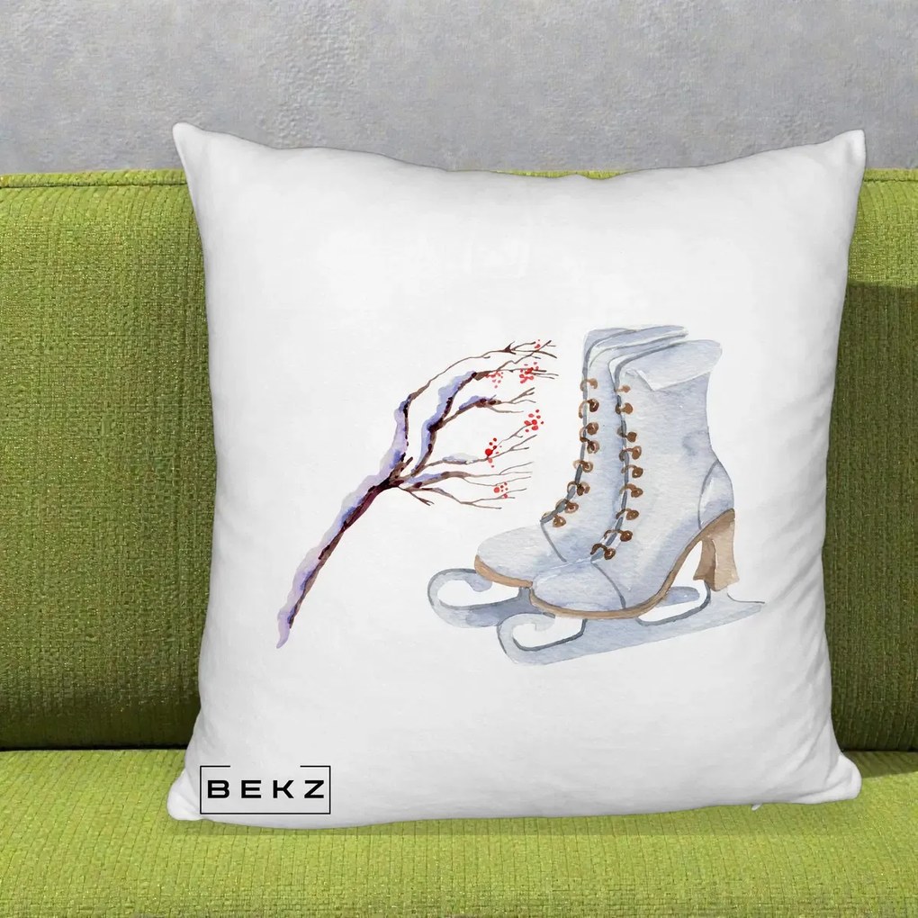 Perna Decorativa Patine cu Ramuri Inzapezite, 40x40 cm, Alb Pufos, Husa Detasabila, Perna Inclusa, BEKZ®