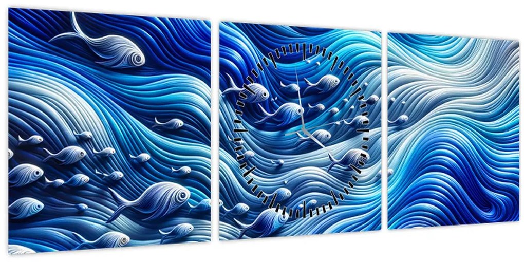 Tablou – Pești în valuri (cu ceas) (90x30 cm)