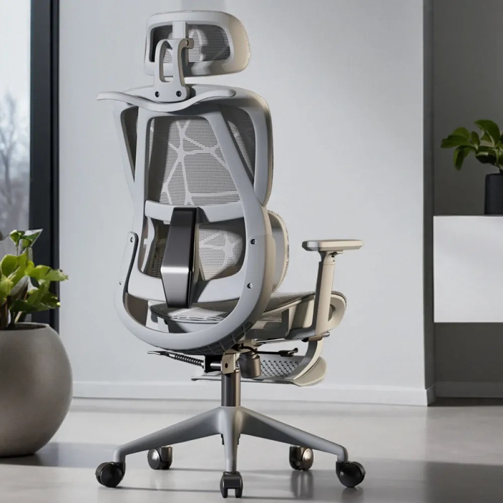 Scaun ergonomic, functie translatie sezut, cotiere reglabile 3D, tetiera 3D, suport lombar reglabil, spătar reglabil inaltime, pivotant, suport picioare, Gri
