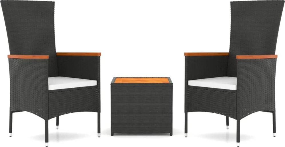 vidaXL Set șezlonguri grădină, 3 piese, negru, poliratan&lemn acacia