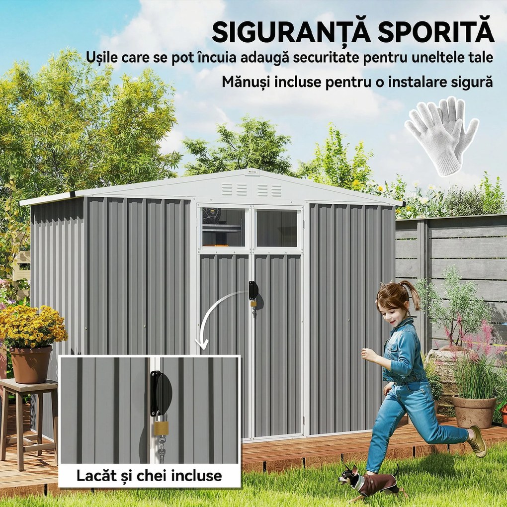Outsunny Magazie pentru Unelte din Oțel Galvanizat cu 2 Uși, 246x117x180 cm, Gri Deschis | Aosom Romania