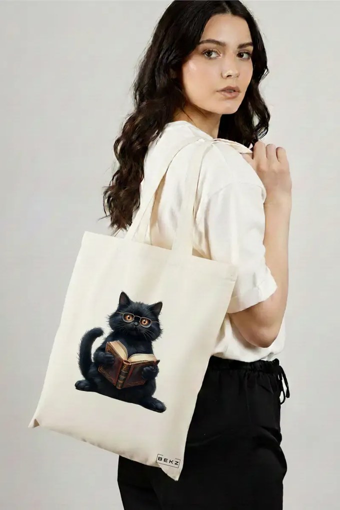 Sacosa de Panza pentru Cumparaturi, Geanta Tote, model Reading cat 10 38 x 34.5 cm, Alba, BEKZ®