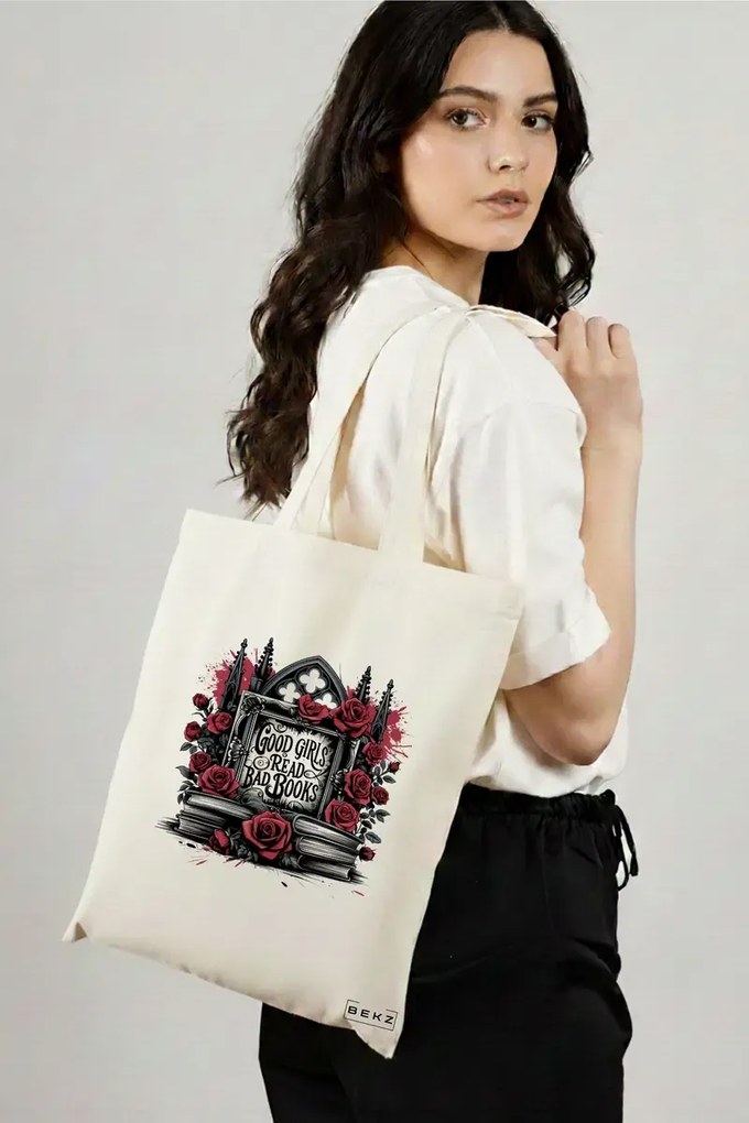 Sacosa de Panza pentru Cumparaturi, Geanta Tote, model Good Girls read bad books 38 x 34.5 cm, Alba, BEKZ®