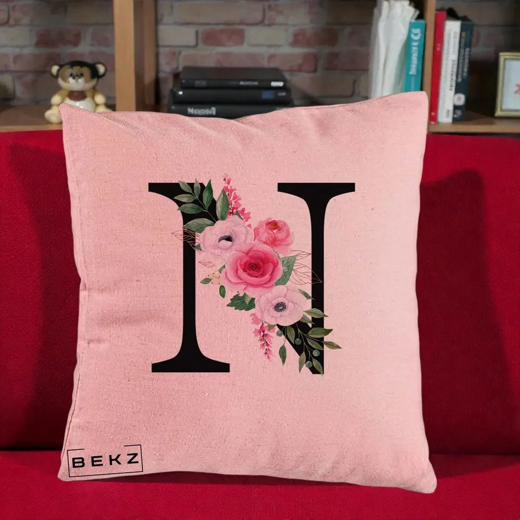 Cadou Personalizat - Perna Personalizata Monograma Florala Litera N, 40x40 cm, Roz, Husa Detasabila, Perna Inclusa, BEKZ®