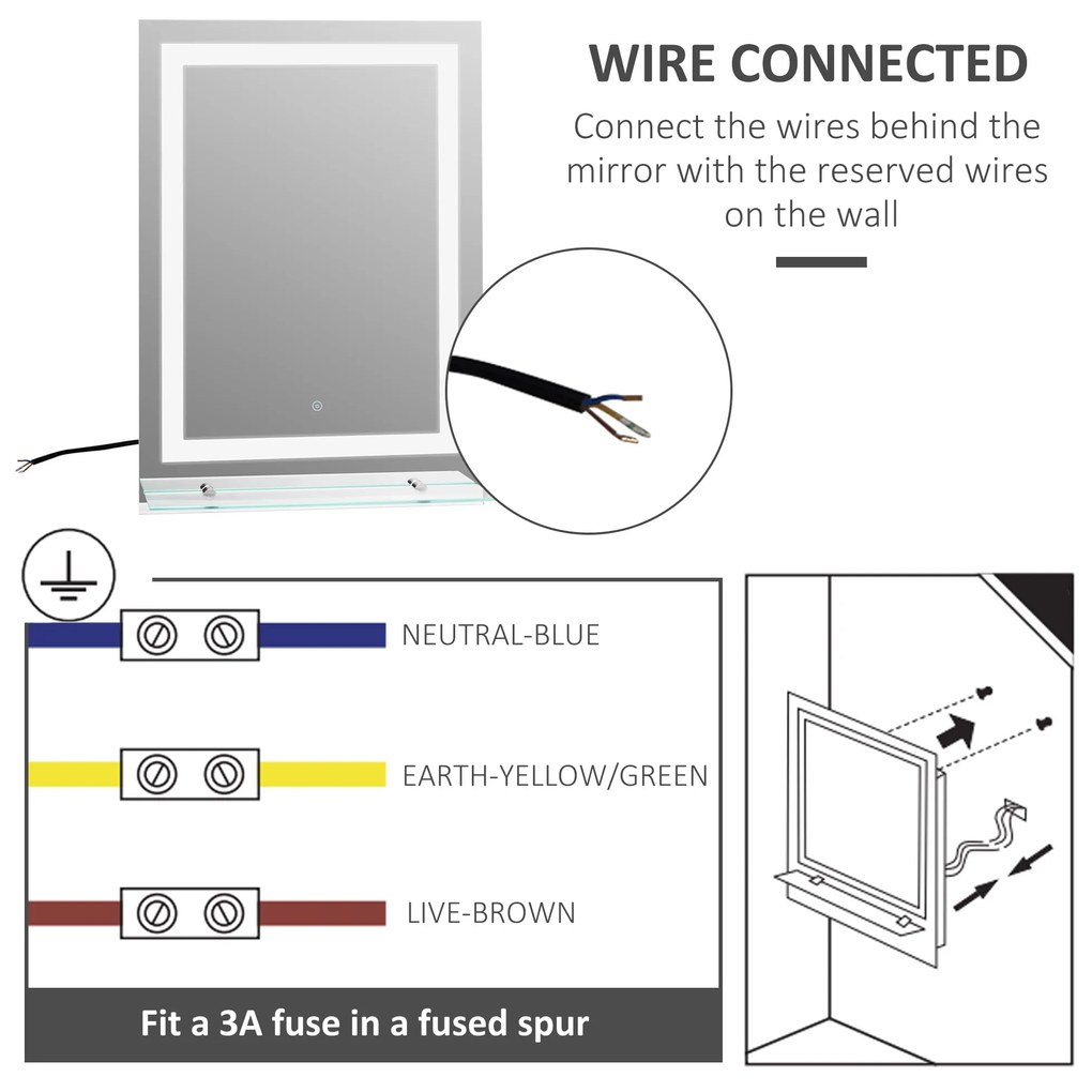 Oglinda de Baie LED touch cu raft modern pentru bai turcesti 70 x 50 cm Argintiu kleankin | Aosom RO