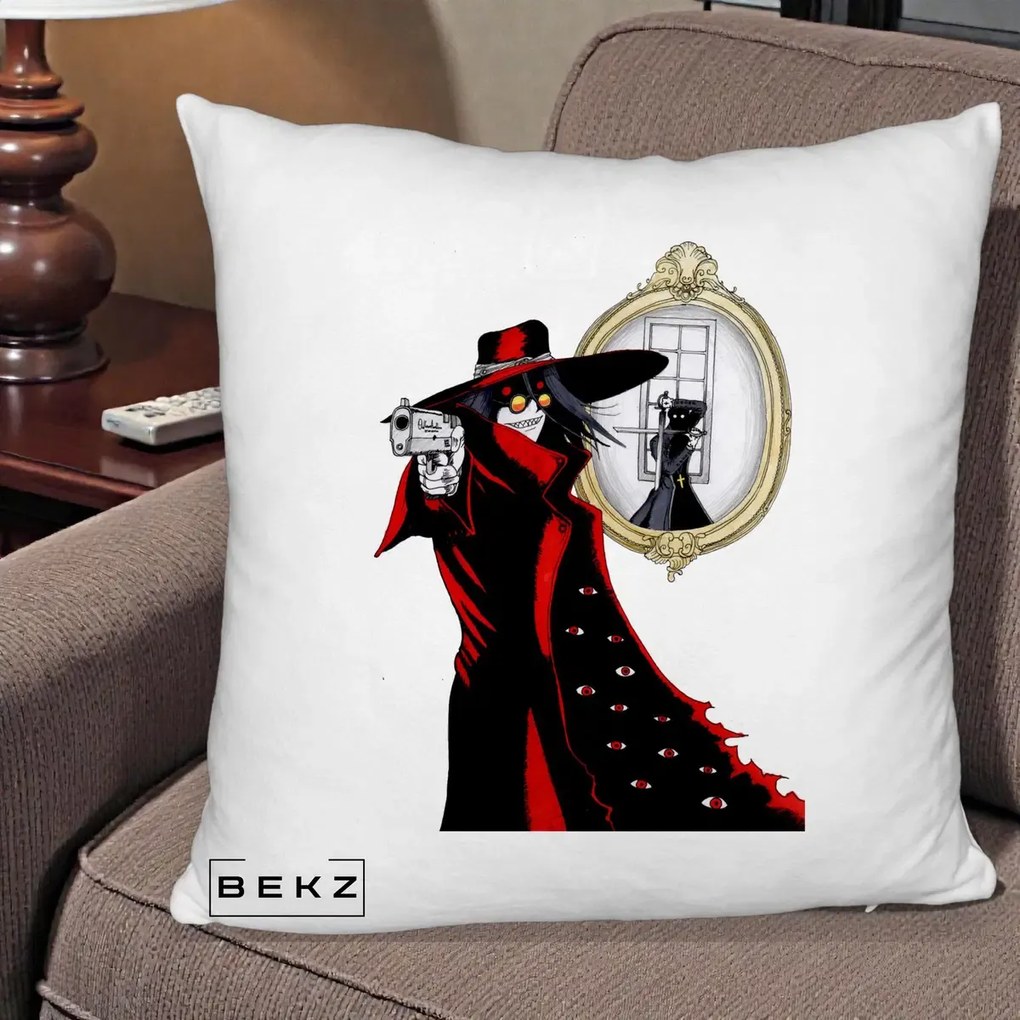 Perna Personalizata Hellsing Alucard cu Pistoale, 40x40 cm, Alb Pufos, Husa Detasabila, Perna Inclusa, BEKZ®