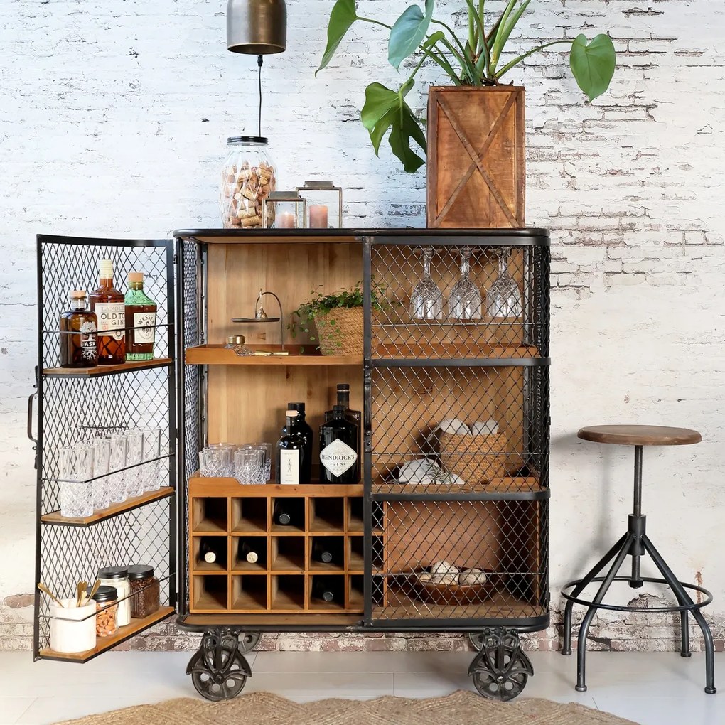 Etajera - Bar stil industrial, din lemn reciclat, cu spatii de depozitare