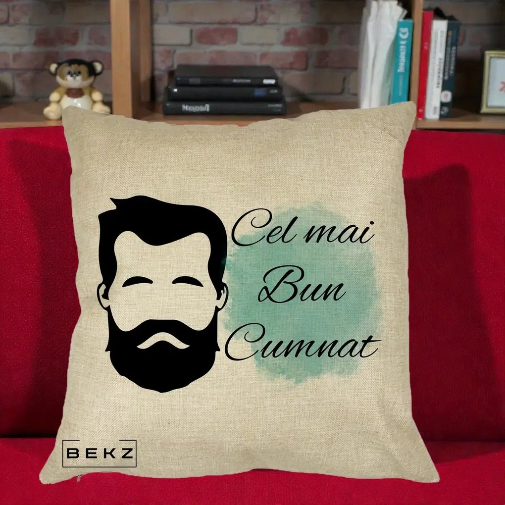 Cadou pentru Cumnat - Perna Personalizata Cel mai Bun Cumnat cu Portret Barbat si Pete Teal, 40x40 cm, Crem, Husa Detasabila, Perna Inclusa, BEKZ®
