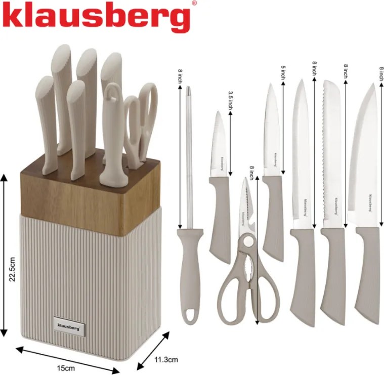 Set cuțite Klausberg KB 7984, 8 piese, Oțel inoxidabil, Ascuțitor, Mâner lemn de salcâm, Bej/lemn