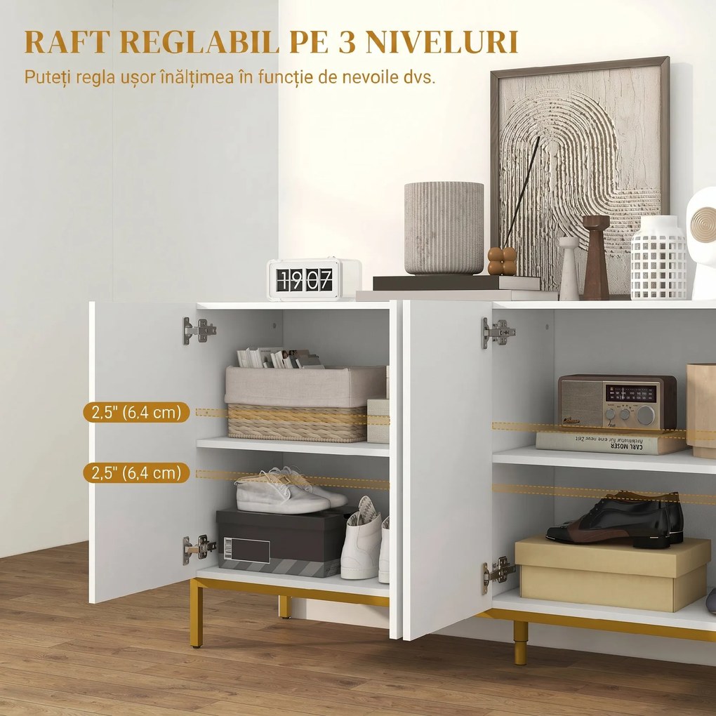 HOMCOM Bufet Modern pentru Living cu 4 Uși și Rafturi Reglabile, Închidere Moale, 140x40x75 cm, Alb | Aosom Romania