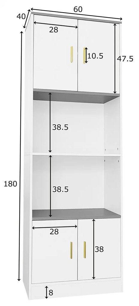 Comodă Modernă cu 4 Uși și Compartiment Deschis Central, Balamale Silențioase Soft-Close, pentru Bucătărie și Living, 60x40x180 cm, Alb
