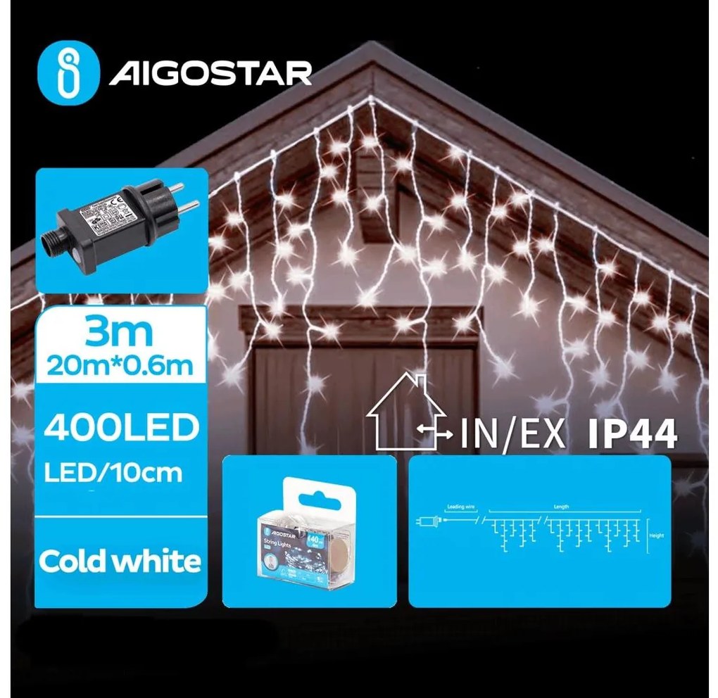 Instalație LED de Crăciun de exterior Aigostar 400xLED/8 funcții 23x0,6m IP44 alb rece