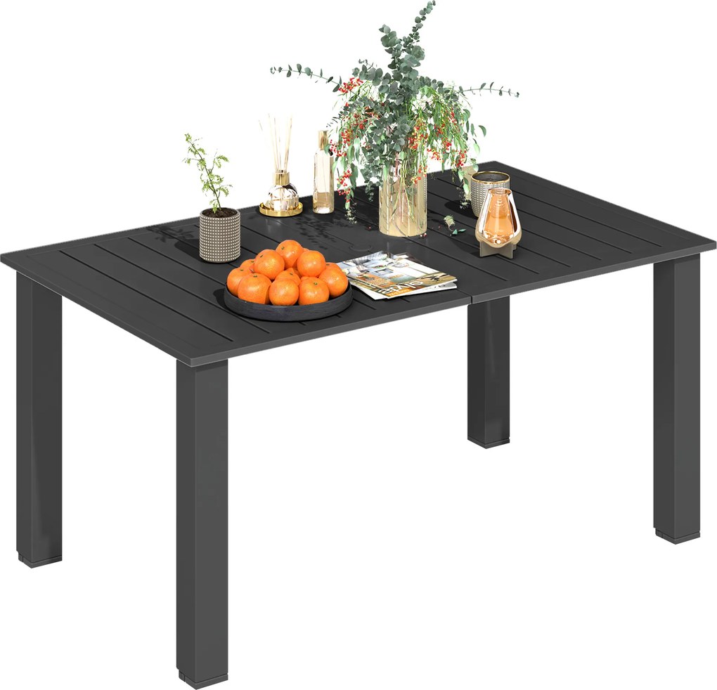Outsunny Masă de grădină pentru 4-6 persoane, masă de dining pentru exterior cu orificiu pentru umbrelă, blat cu lamele 150 x 90 x 73 cm, negru | Aosom Romania