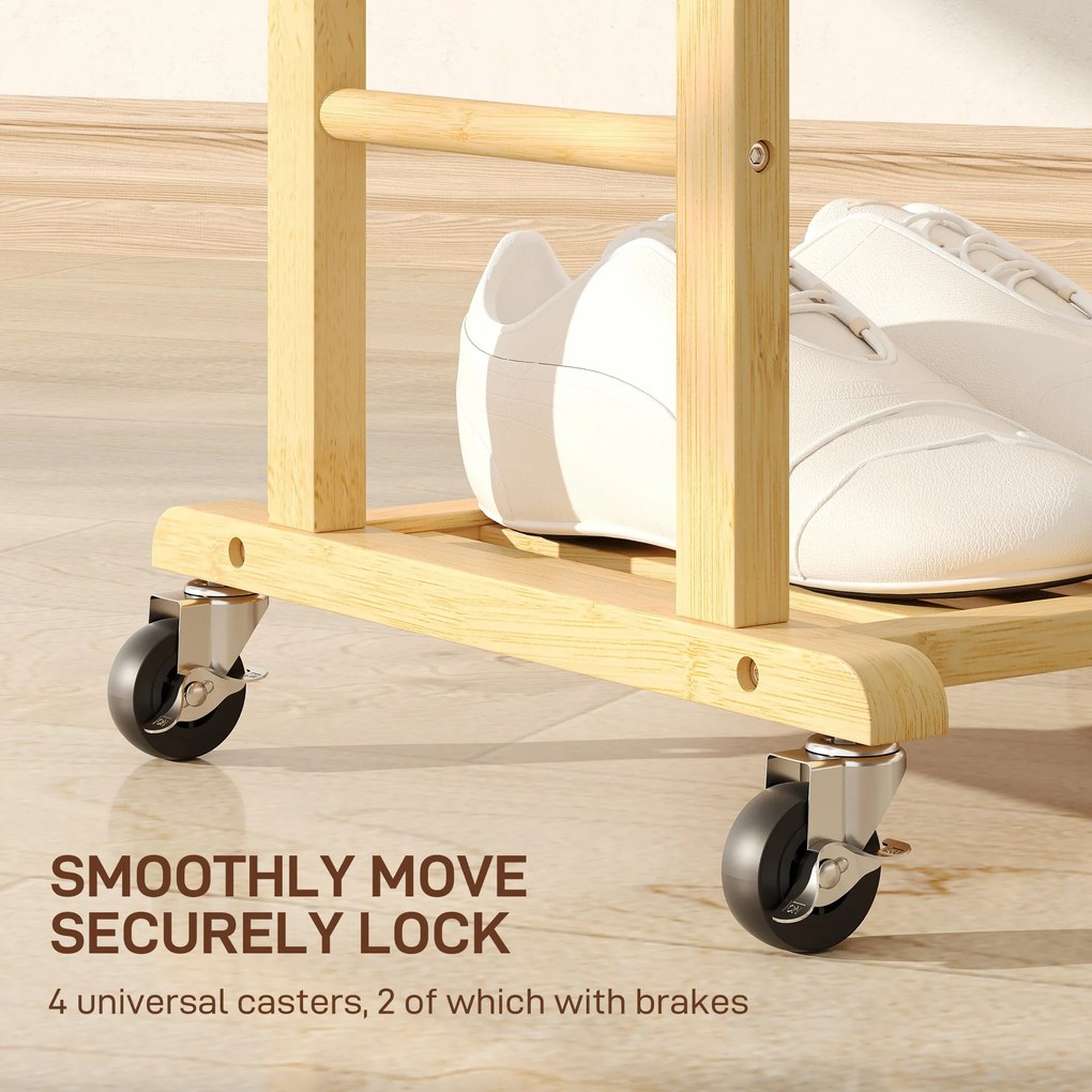 HOMCOM Suport de haine 4 în 1 pe roți din lemn de bambus, 47x33.7x105.5 cm | Aosom Romania