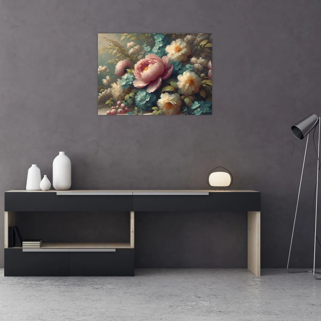 Tablou pe sticlă - Natură moartă cu flori - pictură (70x50 cm)