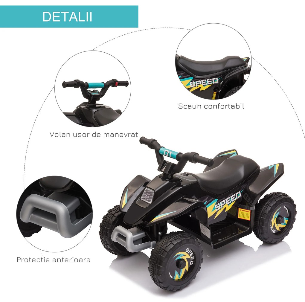 ATV Copii Electric cu Baterie Incarcabila HOMCOM, Viteza 2,8-4,6km/h, Varsta 18–48 Luni, Negru | Aosom Romania