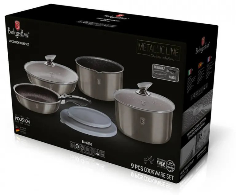 Set oale si tigai marmorate cu maner detasabil (9 piese) din aluminiu forjat Carbon Metallic Line Berlinger Haus BH 6148