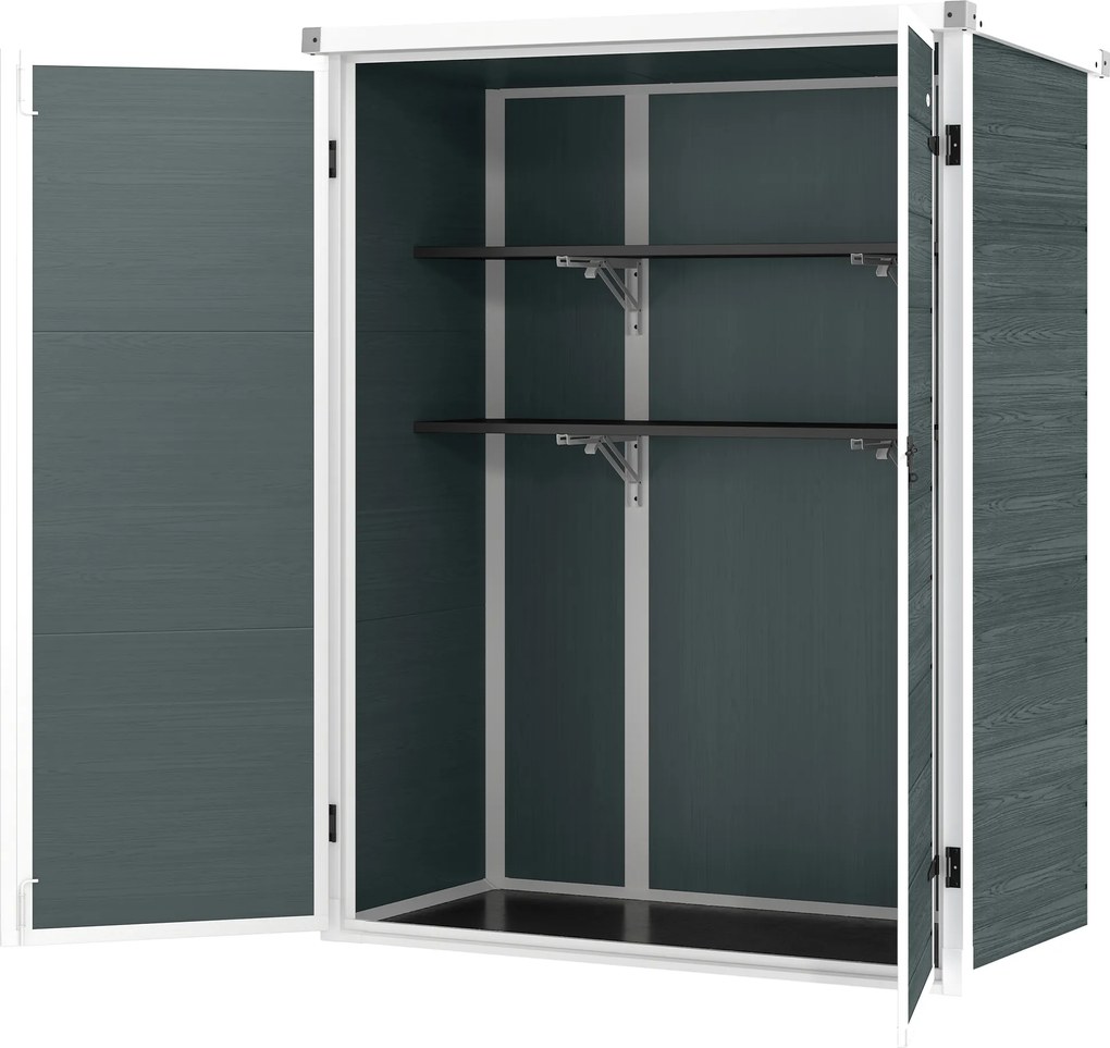 Outsunny Depozit pentru unelte 0,8m², șopron pentru unelte cu rafturi pliante, 134 x 68,5 x 170 cm, din plastic cu uși duble închise cu lacăt, placă pentru podea | Aosom Romania