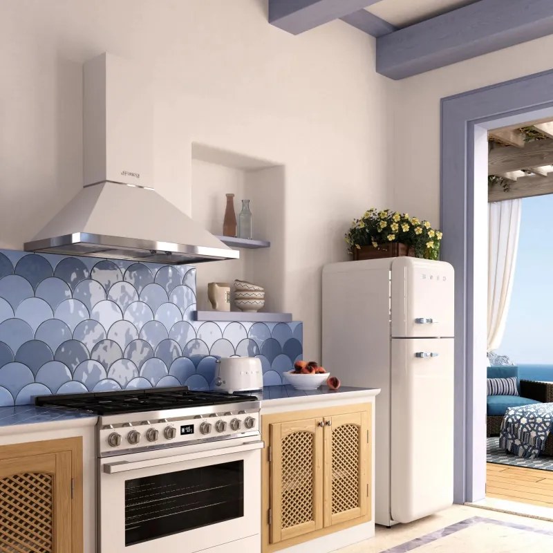 Hota decorativa SMEG Portofino KPF9WH, 275 W, A+, 781 m³/h, 3 viteze, 3 filtre, Supapa anti-retur, Otel inoxidabil, LED, Alb