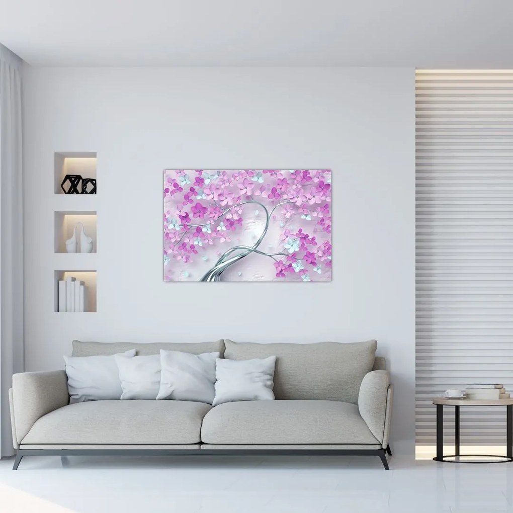 Tablouri cu flori pe trunchi argintiu - abstract (90x60 cm)