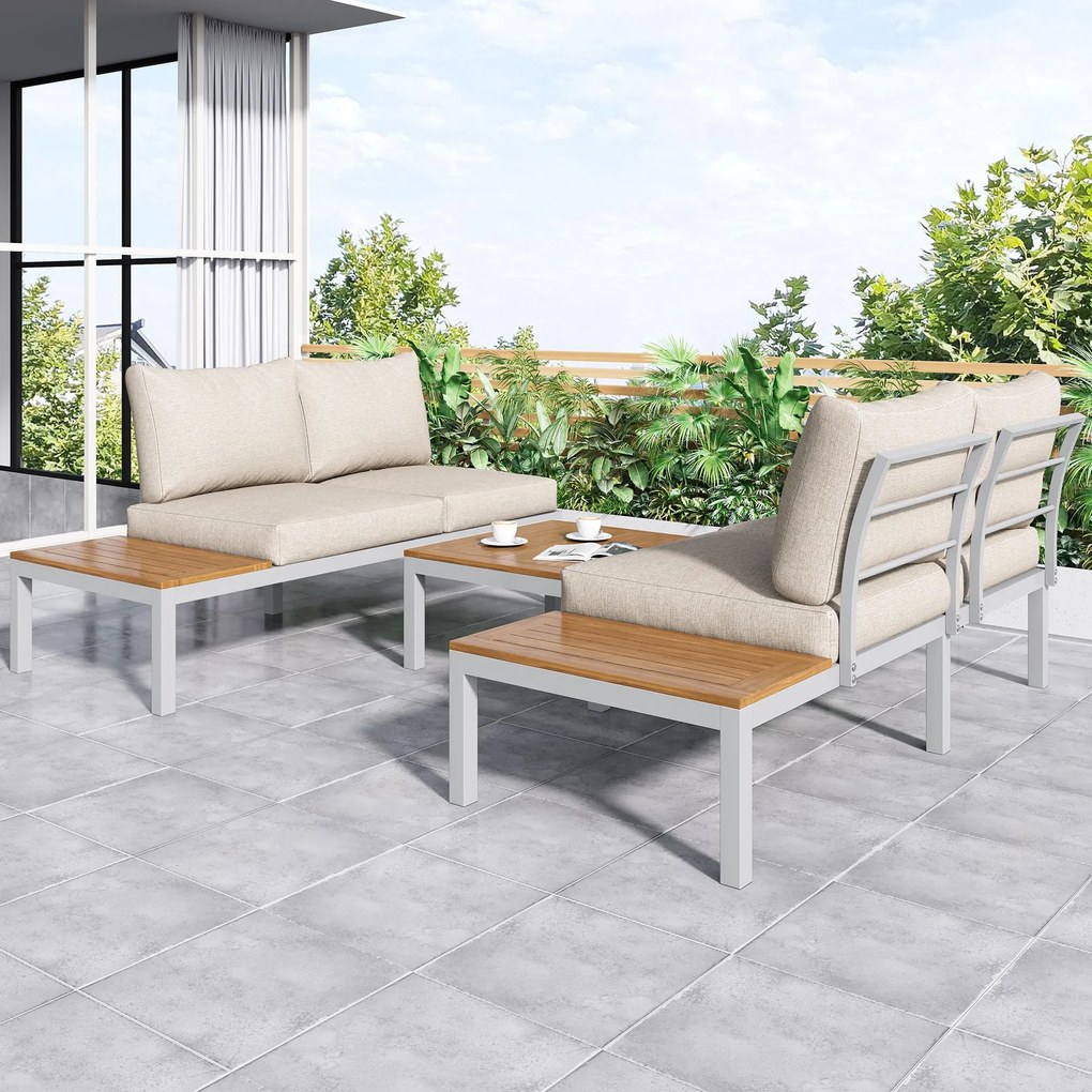 Set mobilier de grădină, cu 2x canapele de două locuri, 2x mese auxiliare, 1x masă, Bej