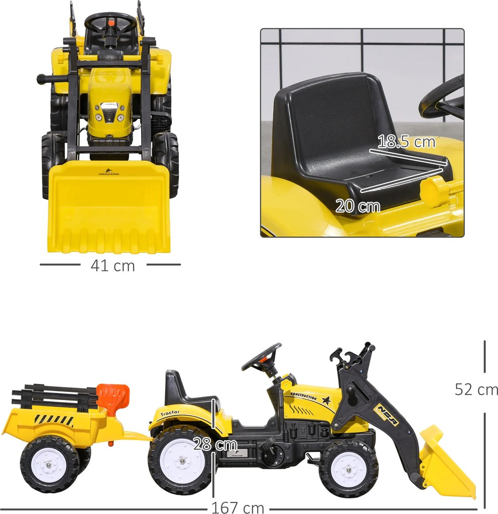 HOMCOM Tractor Copii pentru Copii de 3 Ani cu Pedale și Excavator, 167x41x52 cm, Galben | Aosom Romania