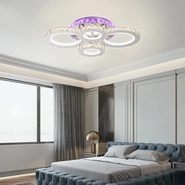 Lustra LED Cu Telecomanda, Cristal, 4 cercuri, Cromat , 140W, RGB,