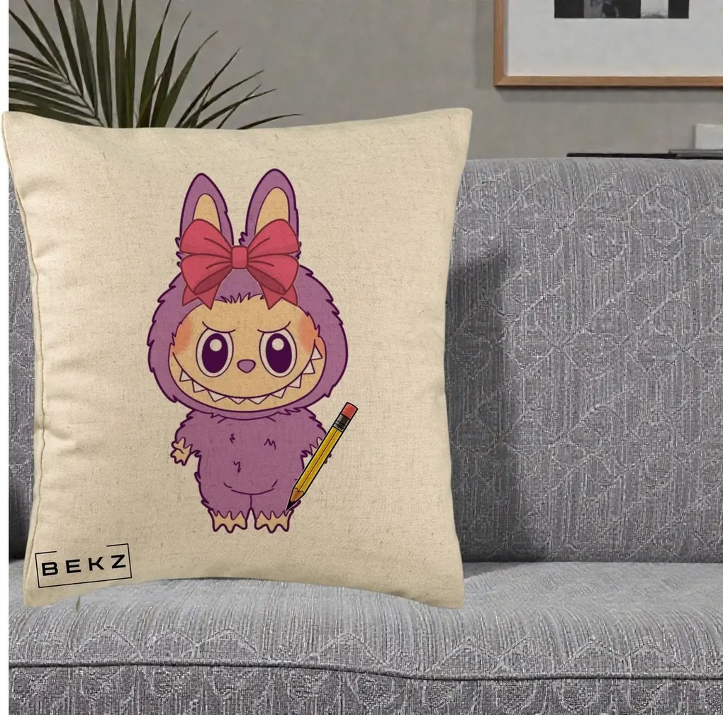Perna Personalizata Labubu Mov cu Funda Rosie si Creion, 40x40 cm, Bej, Husa Detasabila, Perna Inclusa, BEKZ®