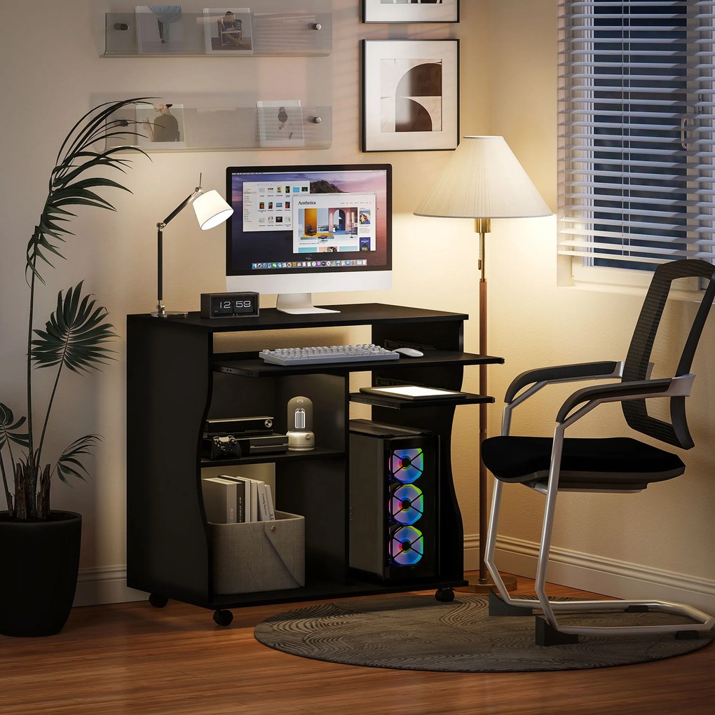 HOMCOM Birou PC pe roți, birou cu spațiu de depozitare, 80 x 48 x 75 cm, Negru | Aosom Romania