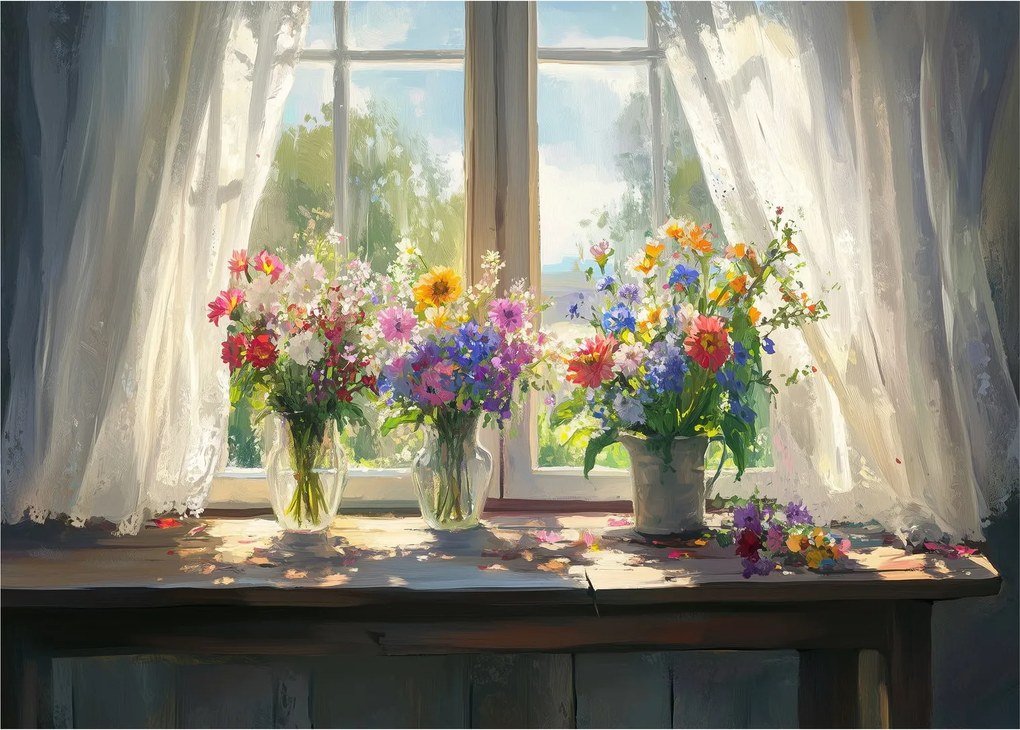 Tablou pe sticlă - Buchet la fereastră (70x50 cm)