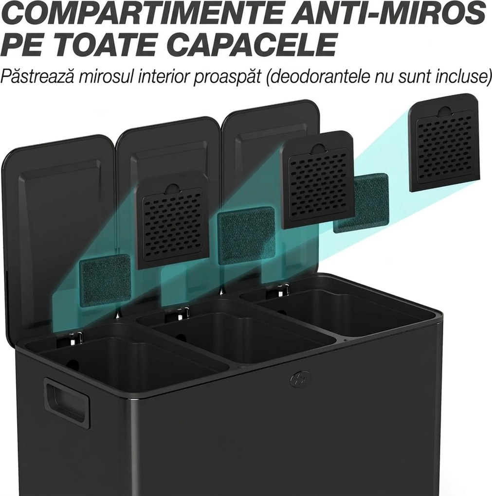 HOMCOM Coș de Gunoi cu 3 Secțiuni de 20L cu Pedală și 2 Capace cu Închidere Silențioasă, Coș de Gunoi din Oțel Inoxidabil și PP, 61.9x36.6x56.7 cm, Negru | Aosom Romania