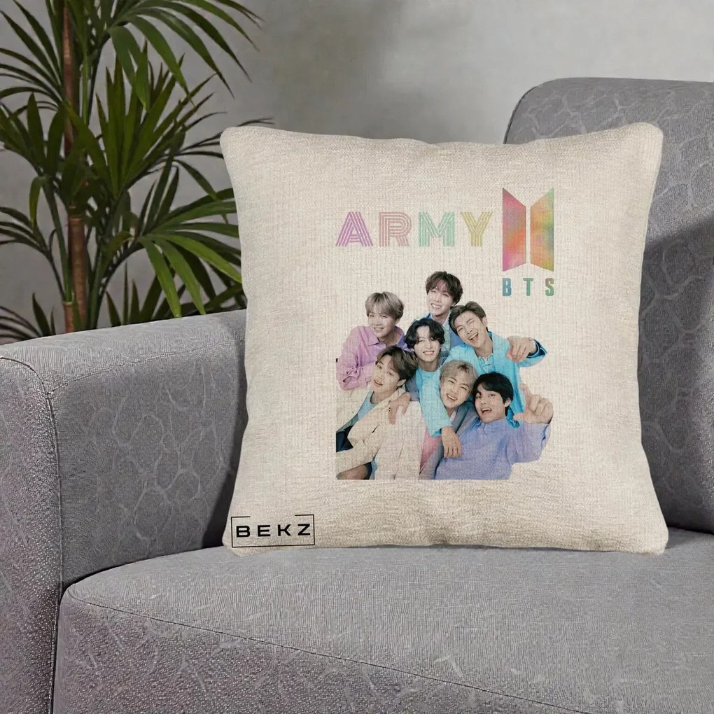 Perna Personalizata K-pop BTS ARMY Fotografie Grup Veseli, 40x40 cm, Bej Canapea, Husa Detasabila, Perna Inclusa, BEKZ®