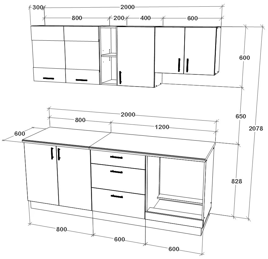 Set haaus V12, Gri Lucios/Alb, MDF, Blat Thermo 28 mm, L 200 cm