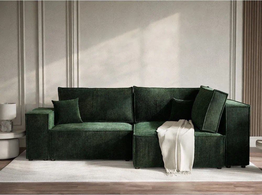 Colțar verde închis extensibil/cu spațiu de depozitare cu tapițerie din chenille (cu colț pe partea dreaptă/în formă de ”L”) Tonga – Maison de Rêve