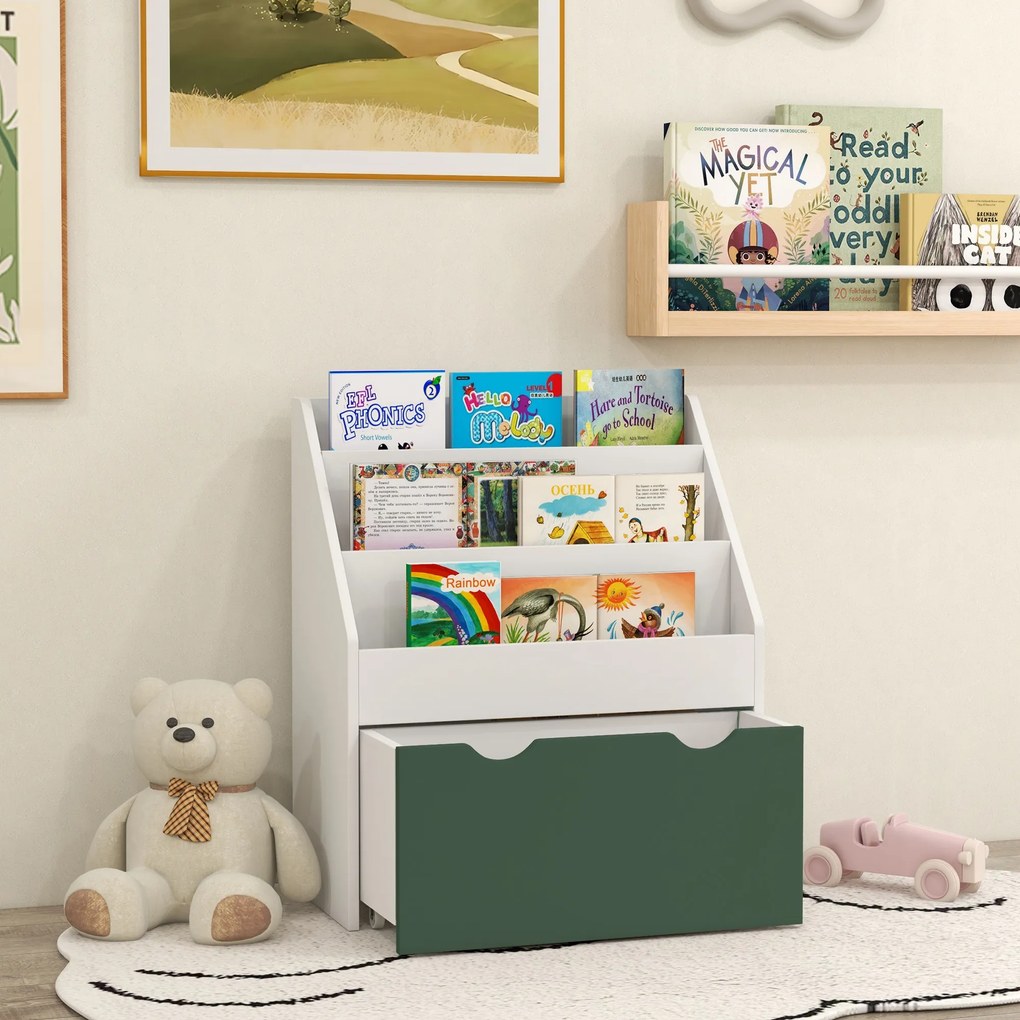 AIYAPLAY Bibliotecă pentru Copii cu Rafturi, Sertar, pentru Dormitor, Cameră de Joacă, Alb și Verde | Aosom Romania