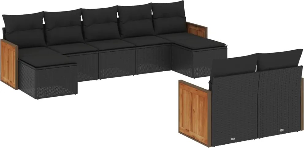 vidaXL Set mobilier de grădină cu perne, 9 piese, negru, poliratan