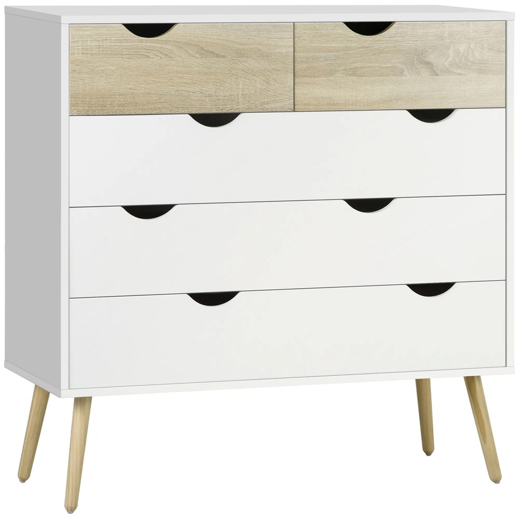HOMCOM Comodă 5 sertare design scandinav mobilier depozitare cameră placă particule 99 x 39 x 101 cm alb aspect stejar deschis | Aosom Romania