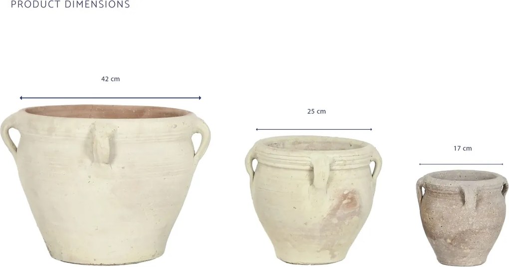 Set 3 ghivece decorative din teracotă artizanală, finisaj craft alb-crem, cu 4 anse fiecare, 45×45×38 cm, „Jerba"