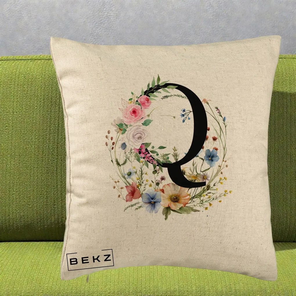 Cadou Personalizat - Perna Personalizata Monogram Litera Q cu Flori Acuarela, 40x40 cm, Bej, Husa Detasabila, Perna Inclusa, BEKZ®