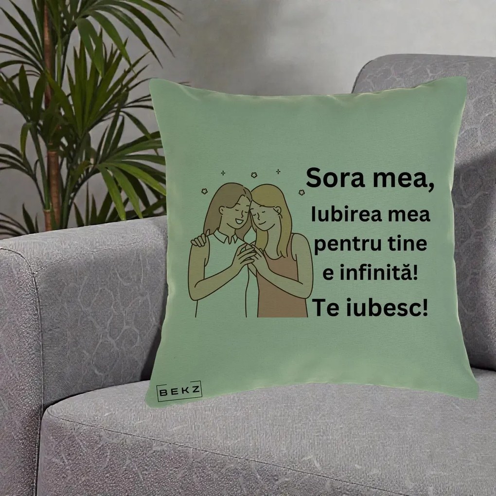 Cadou pentru Sora - Perna Personalizata Sora Mea Te Iubesc Imbratisare cu Sclipiri, 40x40 cm, Verde, Husa Detasabila, Perna Inclusa, BEKZ®