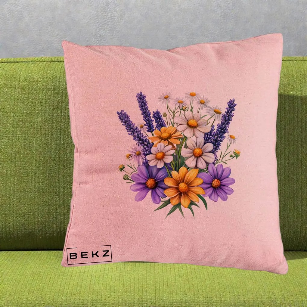 Perna Decorativa Lavanda Musetel si Flori Mov, 40x40 cm, Roz, Husa Detasabila, Perna Inclusa, BEKZ®
