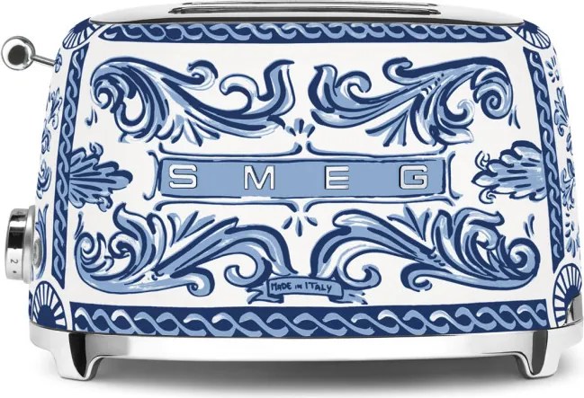 Prajitor de paine SMEG Dolce & Gabbana Blu Mediterraneo TSF01DGBEU, 950 W, 2 felii, 6 trepte, Tava pentru firimituri, Cablu integrat, Otel inoxidabil, Albastru