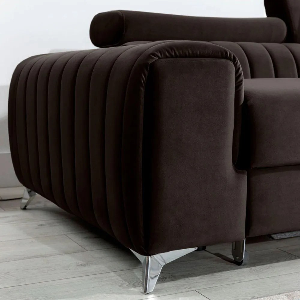 Colțar maro închis extensibil/cu spațiu de depozitare cu tapițerie din catifea (cu colț pe partea dreaptă/cu șezlong) Grayson – ELTAP